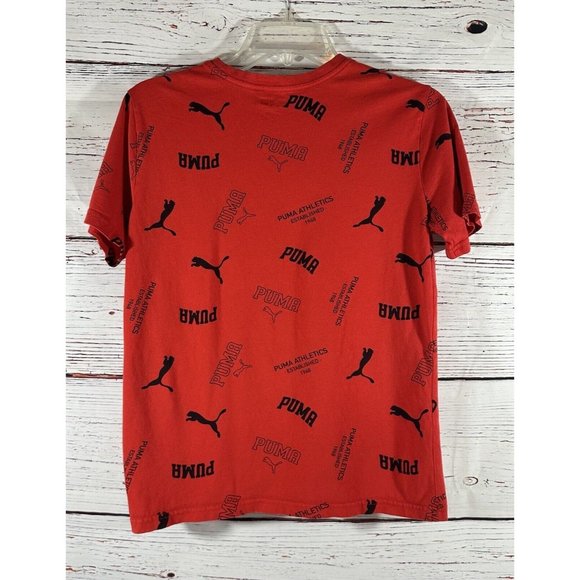 Puma Logo T-Shirt Tee Boys Size Large Red Short Sleeve Athletic Spell Out Cotton - Picture 5 of 7